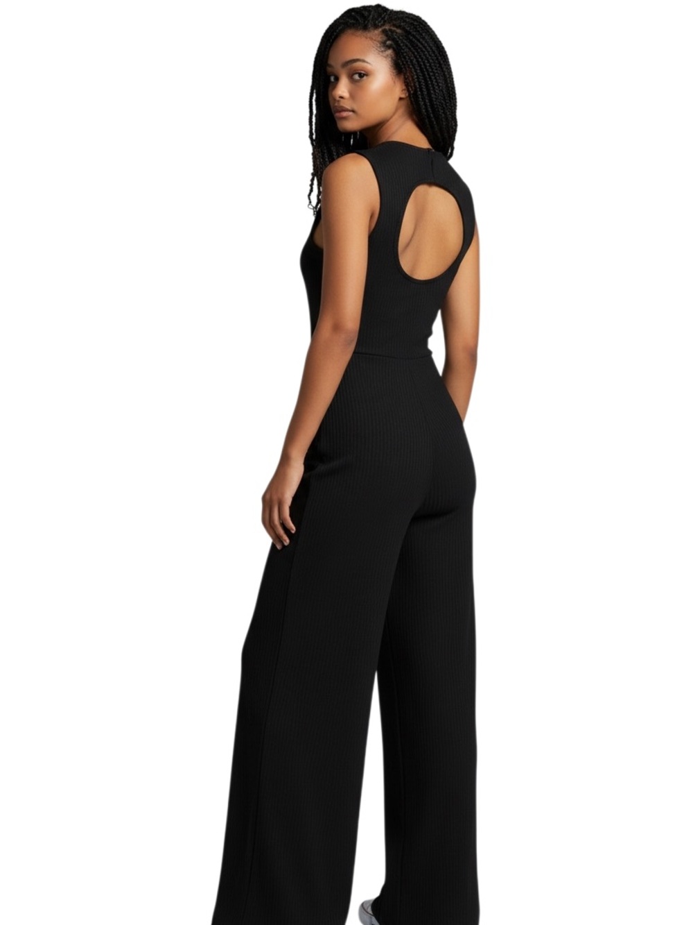 Anistar Sleeveless Black Ribbed Wide-Leg Jumpsuit with Open Back
